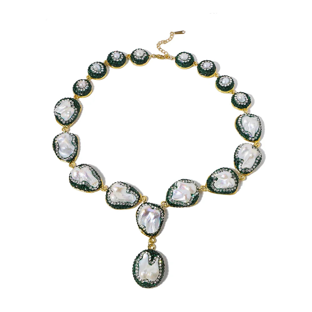 Natural Baroque Pearl Inlaid Zircon Green Necklace Korean Style Women Luxury Jewelry Fashion Ladies and Girls Gift GN0701