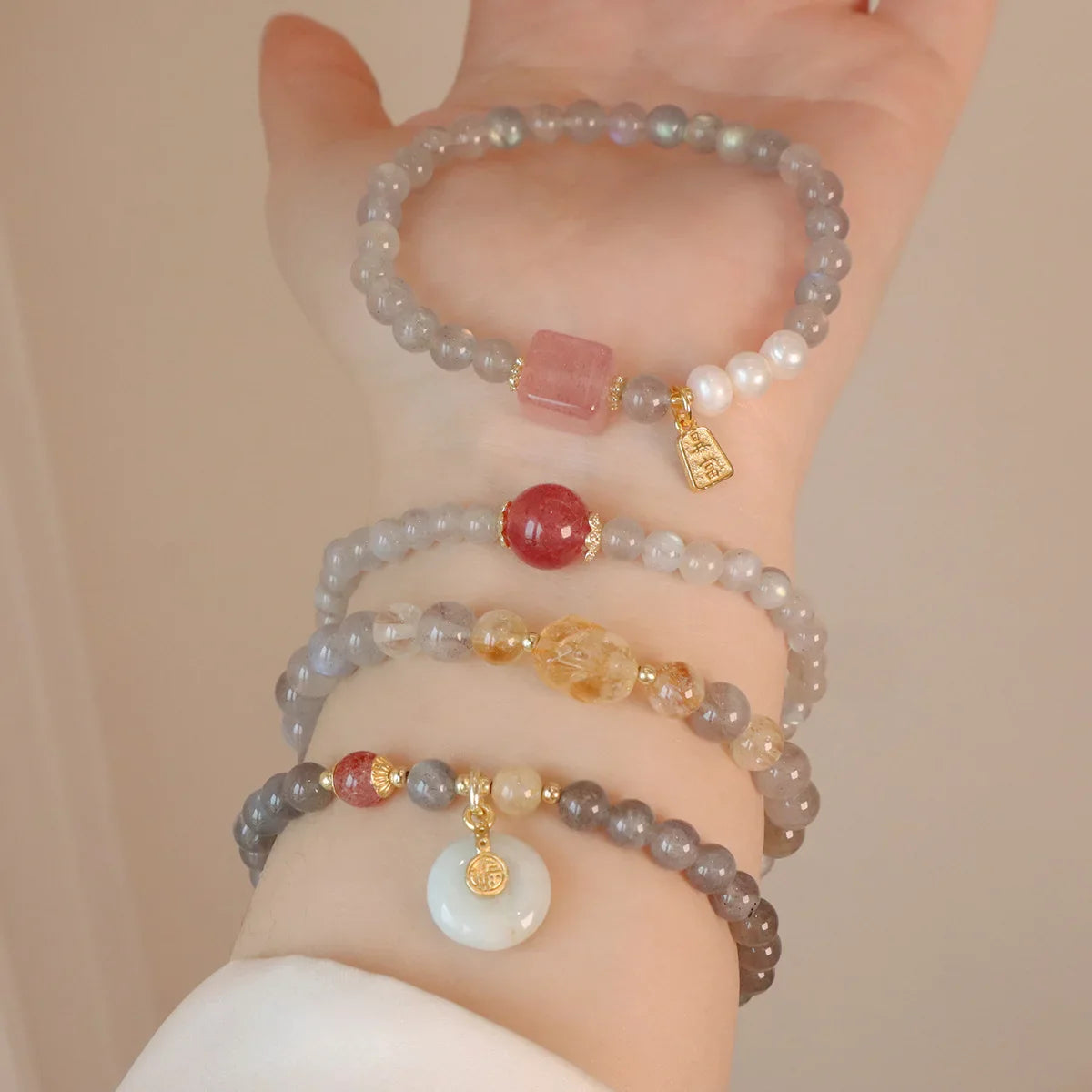 6MM Gray Moonstone Bracelet with Citrine&Strawberry Quartz, Freshwater Pearl Beaded Elastic Jewelry, Boho Healing Gift for Women