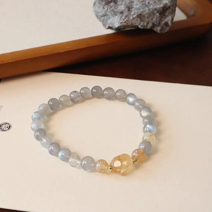 6MM Gray Moonstone Bracelet with Citrine&Strawberry Quartz, Freshwater Pearl Beaded Elastic Jewelry, Boho Healing Gift for Women